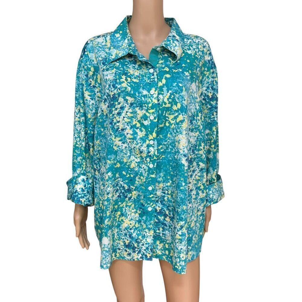 Westbound Wrinkle Free Women's Paint-Splatter Cuffed 70's blouse 100% cotton 3X